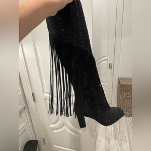 Black rhinestone tassel boots